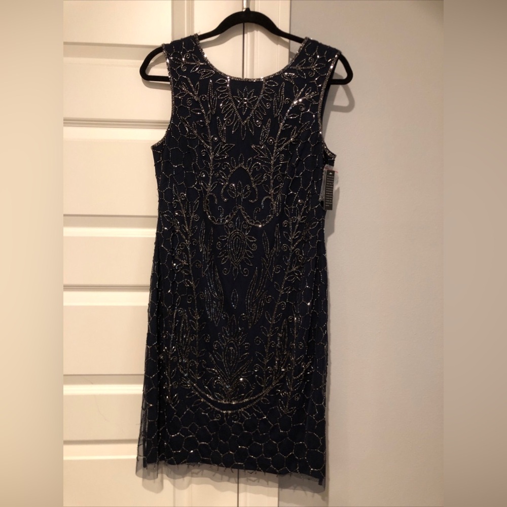 Adrianna Papell stunning elegant midnight blue beaded all over little dress Sz 8